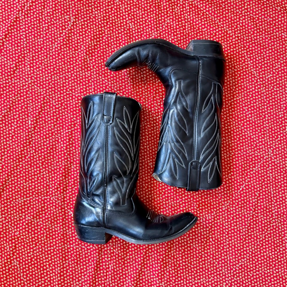 Vintage Mens Black Leather Western Cowboy Boots Style 87133 Size 8 D